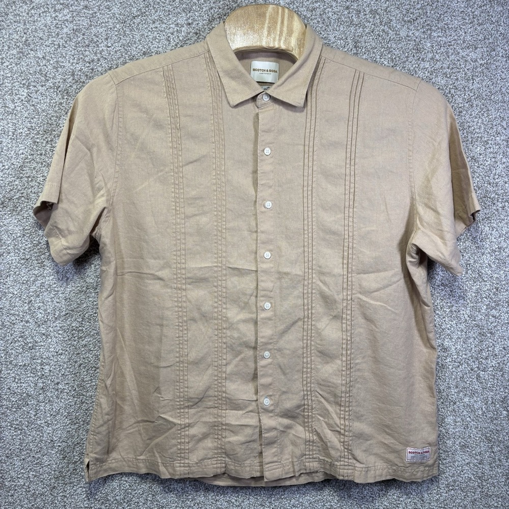 Scotch & Soda Mens 2XL Beige Linen Short Sleeve Button Up Shirt 1860911